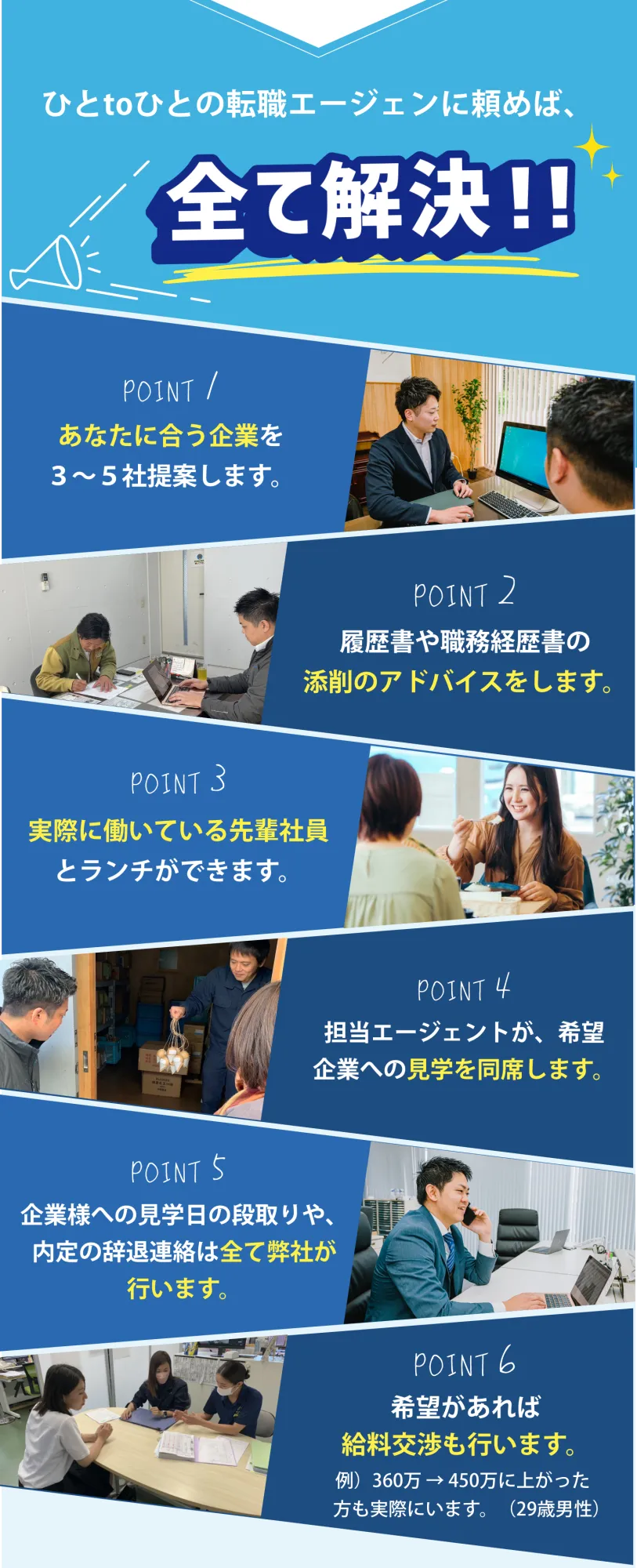 
      ひとtoひとの転職エージェンに頼めば、全て解決!!
      POINT1
      あなたに合う企業を
      ３〜５社提案します。
      POINT2
      履歴書や職務経歴書の
      添削のアドバイスをします。
      POINT3
      実際に働いている先輩社員
      とランチができます。
      POINT4
      担当エージェントが、希望
      企業への見学を同席します。
      POINT5
      企業様への見学日の段取りや、
      内定の辞退連絡は全て弊社が
      行います。
      POINT6
      希望があれば
      給料交渉も行います。
      例）360万 → 450万に上がった
      方も実際にいます。（29歳男性）
      